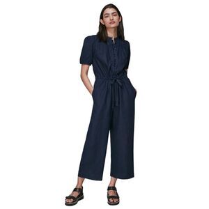 Whistles Button Front Linen Jumpsuit Navy Blue Size 4 NWT